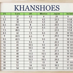 May include: A square chart titled KHANSHOES in dark blue text, featuring a grid with columns for US, Euro, UK, Mexico, Japan, and Inches shoe sizes. The table displays numerical conversion data for various international footwear sizing standards.