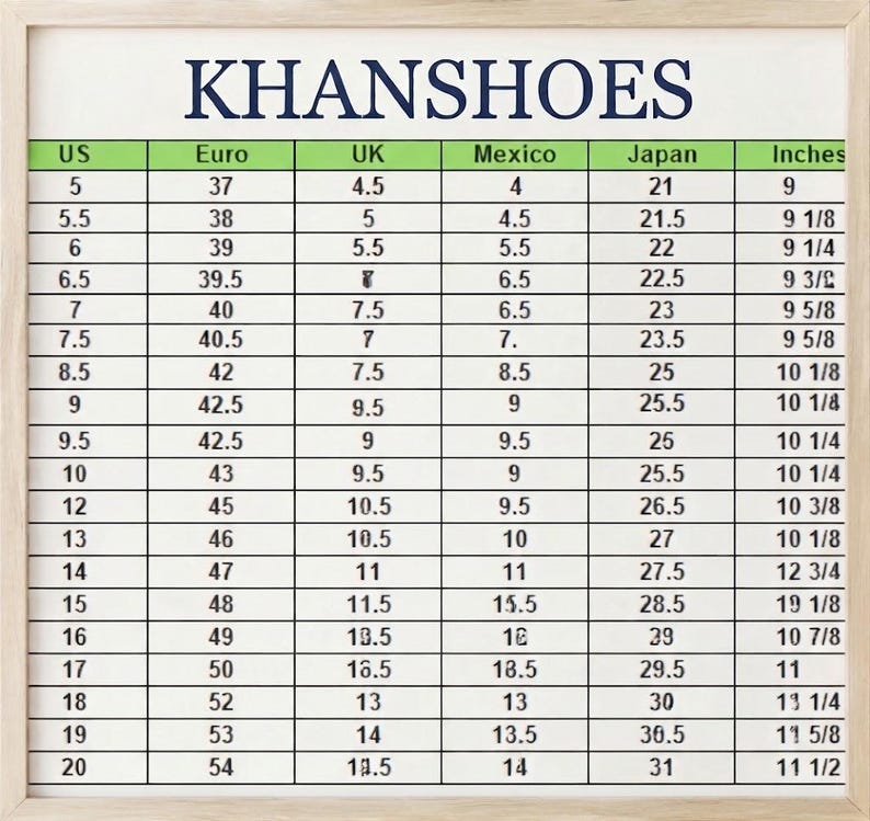 May include: A square chart titled KHANSHOES in dark blue text, featuring a grid with columns for US, Euro, UK, Mexico, Japan, and Inches shoe sizes. The table displays numerical conversion data for various international footwear sizing standards.