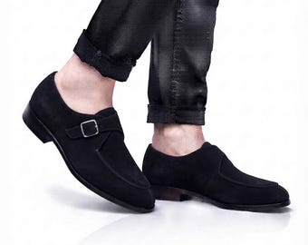Handcrafted Black Suede Single Monk Strap Shoes with Silver Buckle