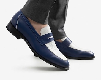 Men's Two-Tone Blue & White Penny Loafers , Handcrafted Leather