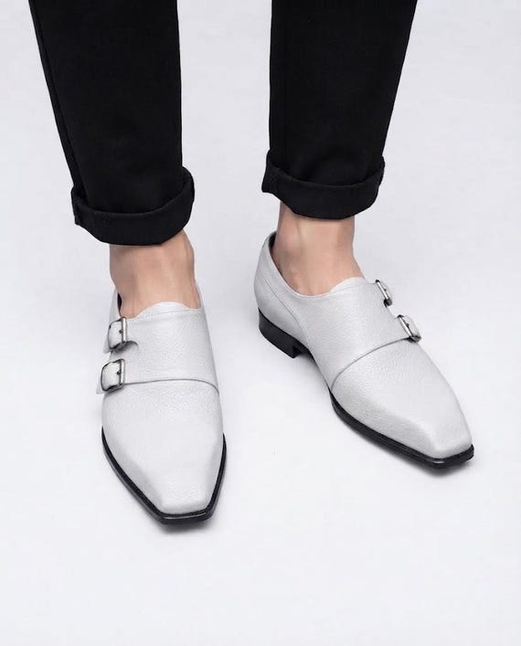Men's White Pebble-Grain Leather Double Monk Strap Shoes
