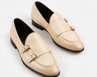 Handmade Beige Leather Double Monk Strap Shoes for Men, Cream Buckle Dress Shoes