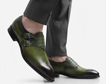 Men's Olive Green Hand-Painted Double Monk Strap Shoes with Crocodile Embossed Straps