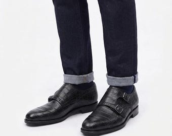 Handcrafted Black Crocodile Embossed Leather Double Monk Strap Shoes