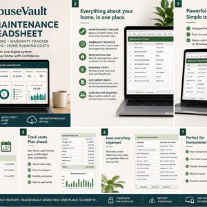 May include: A digital HouseVault home maintenance spreadsheet system displayed on a laptop screen. The layout includes a dashboard, maintenance tracker, warranty register, renovation log, and running costs. It is an Excel workbook with a quick start guide.