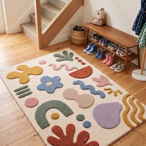 Modern Abstract Wool Area Rug, Hand Tufted Boho Botanical & Geometric Shape Carpet in Earthy Pastel Tones, Matisse Style Living Room Mat