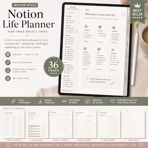 May include: A digital Notion Life Planner displayed on a tablet screen, featuring a dashboard with sections for overview, monthly, planning, trackers, life, and reference. The planner includes 36 linked pages, undated layouts, and a minimalist interface.
