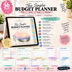 May include: A digital budget planner titled The Simple Budget Planner by Sunrise Ledger Co. displayed on a tablet screen, featuring 36 pages, undated templates, and sections for monthly, biweekly, weekly, and daily tracking of income and expenses.