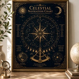 May include: A framed celestial navigation chart featuring a dark blue background with gold illustrations of a compass rose, constellations, moon phases, and a sextant. The text reads Celestial Navigation Chart, Guide by the Stars, Steer by Knowledge.