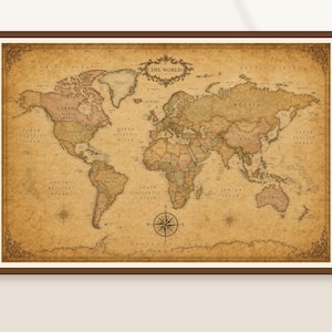 May include: A framed world map with a vintage aesthetic, featuring sepia-toned parchment paper, muted earth-colored continents, and decorative corner flourishes. The title THE WORLD is centered at the top, with a compass rose at the bottom.
