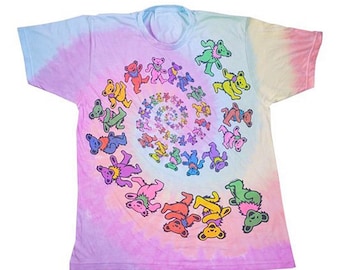Grateful Dead Vintage Tie Dye Dancing Bears Spiral T Shirt, Dead Bears Retro Tee | Pastel, Short Sleeve T, Sizes - Sm, Med, Lg, XL, 2XL