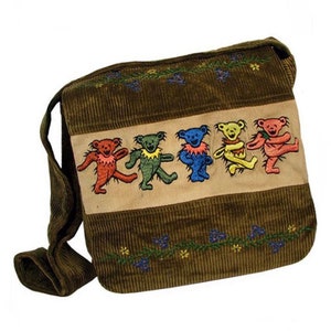 Grateful Dead Dancing Bear Flower Messenger Bag, Large Shoulder Bag, Crossbody, Embroidered, Corduroy