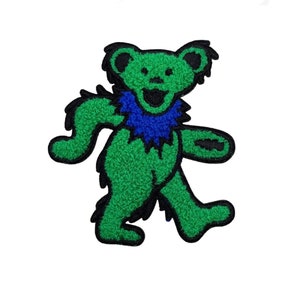 Grateful Dead Chenille Dancing Bear Patch, Green Fuzzy Dancing Bear | Embroidered, Iron on, Retro, Vintage Dead