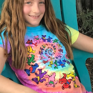 Grateful Dead Kids Tie Dye Spiral Dancing Bears T Shirt | Classic, Rainbow, Youth, Short Sleeve Tee