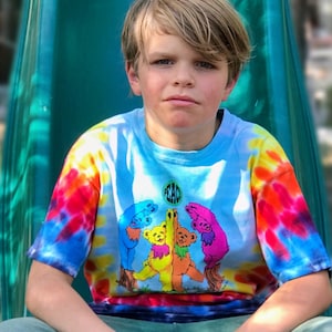 Dancing Bears Peace Sign Kids Tie Dye Shirt, Grateful Dead Bears Peace, Short Sleeve T, Youth