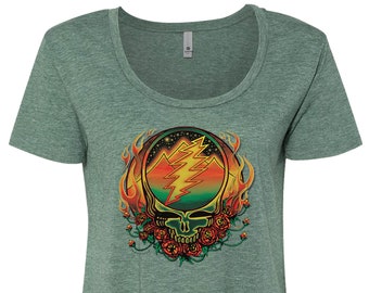 Grateful Dead Scarlet Fire Stealie Women's Festival Scoop Shirt | Scarlet Begonias, Fire on the Mountain Tee, Steal Your Face T, Green