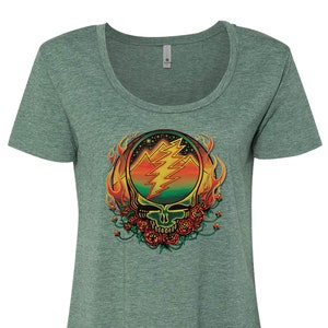 Grateful Dead Scarlet Fire Stealie Women&#39;s Festival Scoop Shirt | Scarlet Begonias, Fire on the Mountain Tee, Steal Your Face T, Green