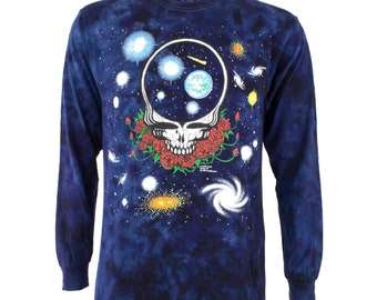 May include: A blue long-sleeve t-shirt with a tie-dye pattern featuring a skull with roses and a galaxy design. The skull is surrounded by planets and stars.