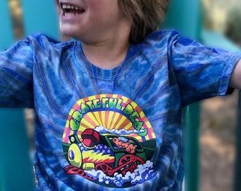Grateful Dead Kids Train Tie Dye T Shirt, Dancing Bear, Dead Bear Short Sleeve Tee, Youth & Toddler, Blue/Grey