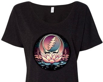 Grateful Dead Lotus Stealie Women's Slouchy Tee Shirt, Black | Womens Relaxed Scoop Top, Steal Your Face, Flower, Dead and Company