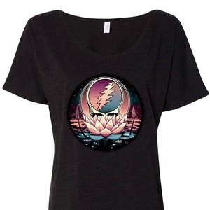 Grateful Dead Lotus Stealie Women&#39;s Slouchy Tee Shirt, Black | Womens Relaxed Scoop Top, Steal Your Face, Flower, Dead and Company
