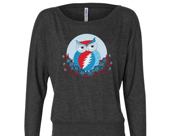 Grateful Dead Owl Women’s Flowy Long Sleeve Shirt, Grateful Dead Ladies Top, Off Shoulder Tee, Grey