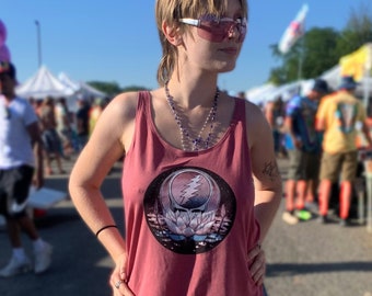 Grateful Dead Lotus Stealie Women's Tank | Dead and Company, Flower Steal Your Face, Pink, Grey