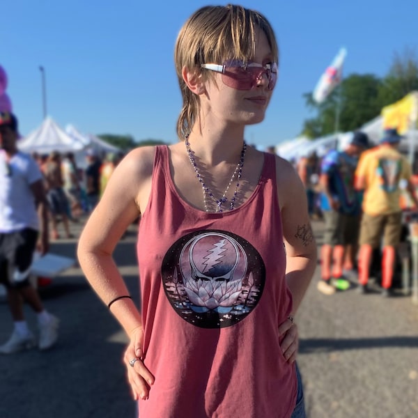 Grateful Dead Lotus Stealie Women's Tank | Dead and Company, Flower Steal Your Face, Pink, Grey