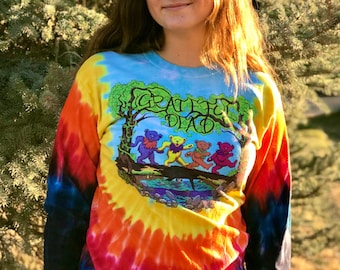 Grateful Dead Dancing Bears Tie Dye Long Sleeve Shirt, Bears in the Woods | Jerry Bear, Peace, Rainbow, Unisex