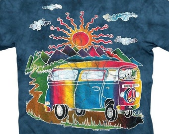 Grateful Dead Skeleton Hippie Van T Shirt, Bus, Batik, Tie Dye, Tour Tee | Mountains, Peace, Psychedelic, Trip, Colors - Blue, Pink, Purple