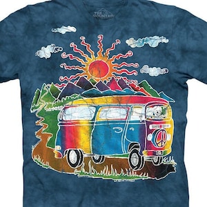 Grateful Dead Skeleton Hippie Van T Shirt, Bus, Batik, Tie Dye, Tour Tee | Mountains, Peace, Psychedelic, Trip, Colors - Blue, Pink, Purple