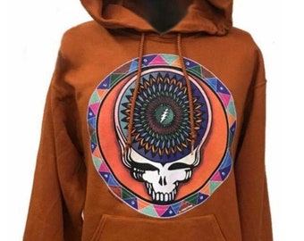 Grateful Dead Hoodie Steal Your Feathers, Steal Your Face Double Sided Hooded Sweatshirt | 1995, Stealie, Summer Tour, Unisex, Orange Brown