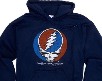 Grateful Dead Distressed Steal Your Face Hoodie, Classic Deadhead Stealie Hooded Sweatshirt | Vintage Dead, Unisex, Blue