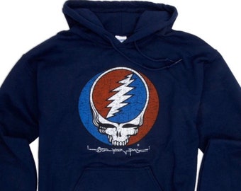 Grateful Dead Distressed Steal Your Face Hoodie, Classic Deadhead Stealie Hooded Sweatshirt  | Vintage Dead, Unisex, Blue