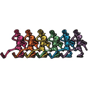 May include: A row of seven colorful skeleton figures wearing top hats, each skeleton is a different color of the rainbow, starting with red and ending with purple.