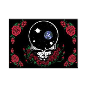 May include: Black and white illustration of a skull with a starry sky inside. The skull is surrounded by red roses with green stems and leaves.
