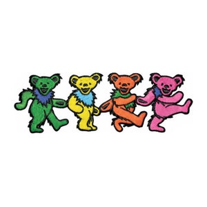May include: Four dancing bears in different colors: green, yellow, orange, and pink. Each bear has a smiling face and is wearing a colorful scarf around its neck.