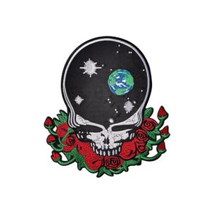May include: Embroidered patch featuring a skull with a black background depicting a starry sky and a blue and green planet. Red roses and green leaves surround the skull's base. The patch is white, black, red, and green.