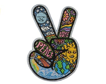Peace Sign Fingers Patch | Love, Earth, Sun, Moon, Celestial, Rainbow, Cut Out, Embroidered, Applique, Iron On
