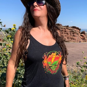 Grateful Dead Scarlet Fire Stealie Women&#39;s Slouchy Tank | Women’s Steal Your Face Top, Black
