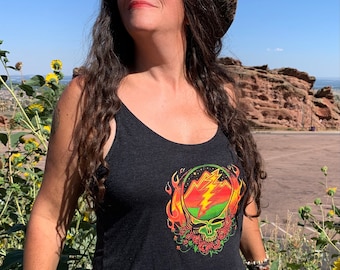 Grateful Dead Scarlet Fire Stealie Women's Slouchy Tank | Women’s Steal Your Face Top, Black