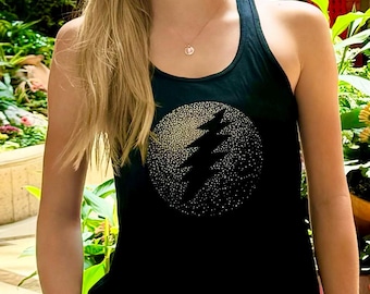 Dead & Company Las Vegas Sphere Women’s Tank, Sphere Bolt Metallic Racerback Tank, Black|Grateful Dead, Bob Weir, Dead Forever, Vintage Dead