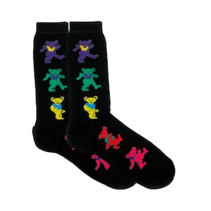 May include: A pair of black socks with a colorful dancing bear graphic pattern. The bears are in various colors, including purple, green, yellow, and red.