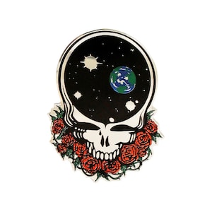 May include: A silver-toned pin featuring a cartoon skull with a black background and a depiction of the Earth and stars inside the skull. The skull is surrounded by red roses.