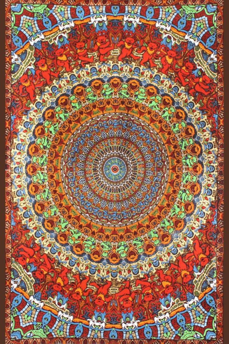 Grateful Dead Tapestry, Bear Mandala, Dancing Bears, Psychedelic, 3D, Cotton, Wall Hanging, Large image 5