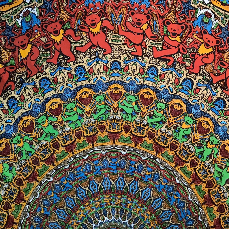 Grateful Dead Tapestry, Bear Mandala, Dancing Bears, Psychedelic, 3D, Cotton, Wall Hanging, Large image 1