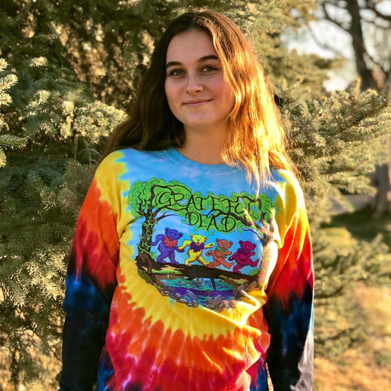 Grateful Dead Dancing Bears Tie Dye Long Sleeve Shirt, Bears in the Woods Jerry Bear, Peace, Rainbow, Unisex image 1