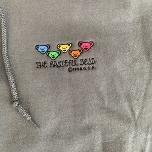 Grateful Dead Bears Embroidered Hoodie, Deadhead Hooded Sweatshirt | Dancing Bears, Rainbow Bears, Jerry Garcia, Unisex, Grey