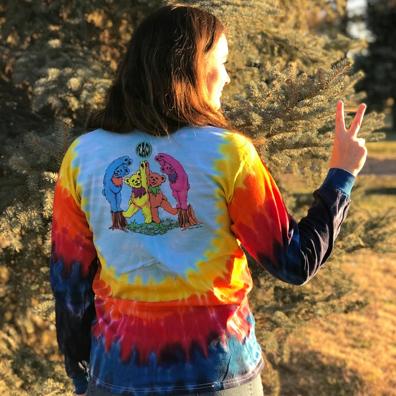 Grateful Dead Dancing Bears Tie Dye Long Sleeve Shirt, Bears in the Woods Jerry Bear, Peace, Rainbow, Unisex image 2