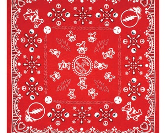 Good Ol’ Grateful Dead Red Stealie Bandana, Steal Your Face, Dancing Bears & Bolts Bandana